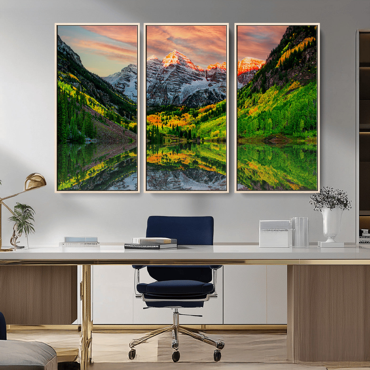 MGV-FC-48X32-3P - Maroon Bells Lake Wall Art Canvas Print – Majestic Colorado Mountain Landscape, Autumn Reflection,