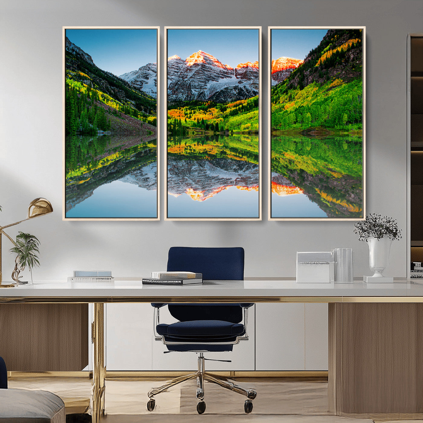 MGV-FC-48X32-3P - Sunrise Maroon Bells Lake Wall Art Print, Elk Mountains Canvas Wall Art, North Maroon Peak Landscape