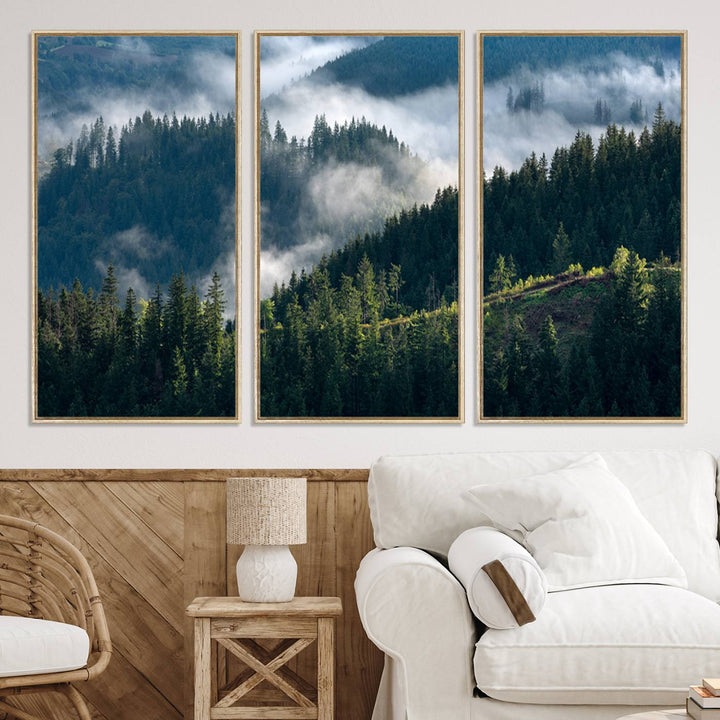 Moody canvas of misty pine forests over layered hills, perfect for cool-toned nature-inspired or woodland-style home decor.