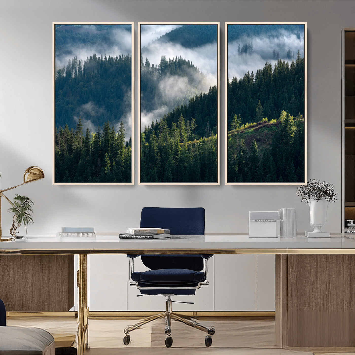 Moody canvas of misty pine forests over layered hills, perfect for cool-toned nature-inspired or woodland-style home decor.