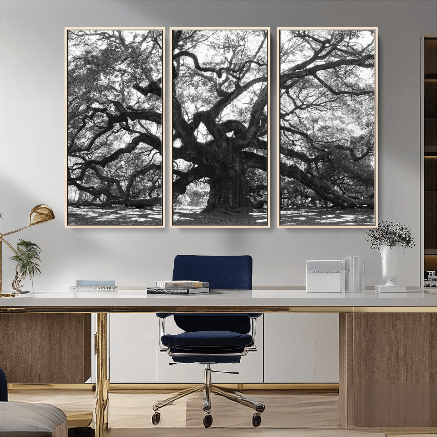 Black and white canvas of an ancient oak tree with sprawling, twisted branches, ideal for moody nature-inspired or rustic decor.