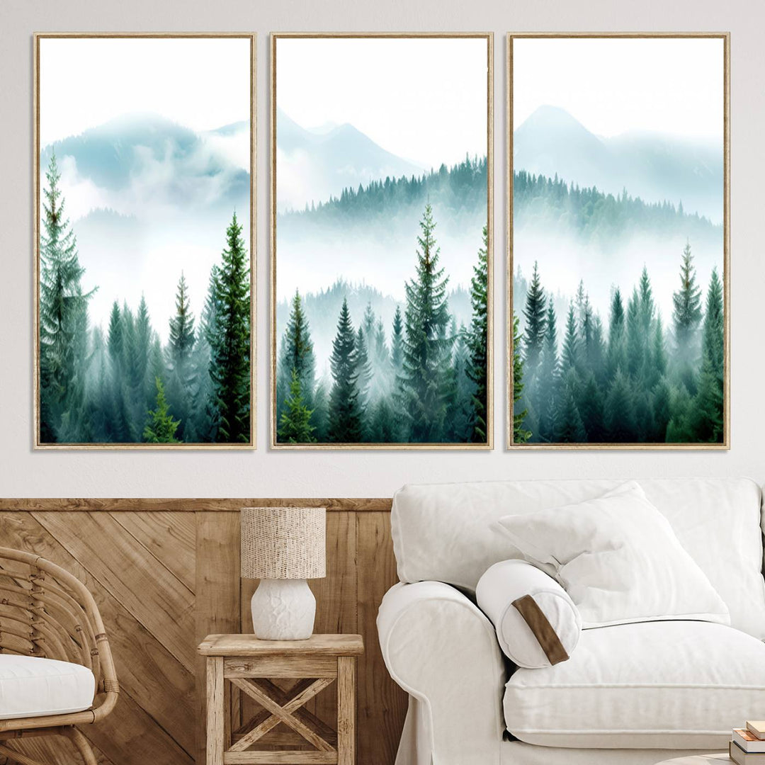 16716676-MGV-CV-36X24-Pine Forest Wall Art Canvas Print, Framed Misty Mountains Art Picture Print, Foggy Trees Perfect Moody Forest Decor Artwork