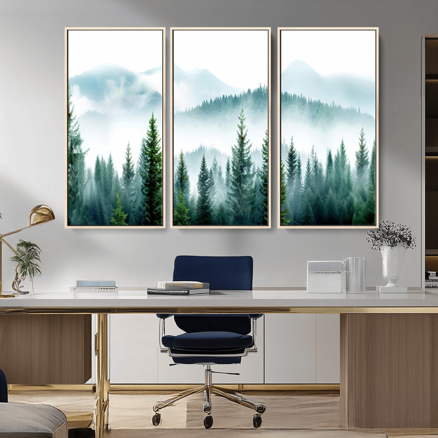 Canvas of pine forest and misty mountain layers in cool tones, perfect for moody forest or serene nature-inspired home decor.