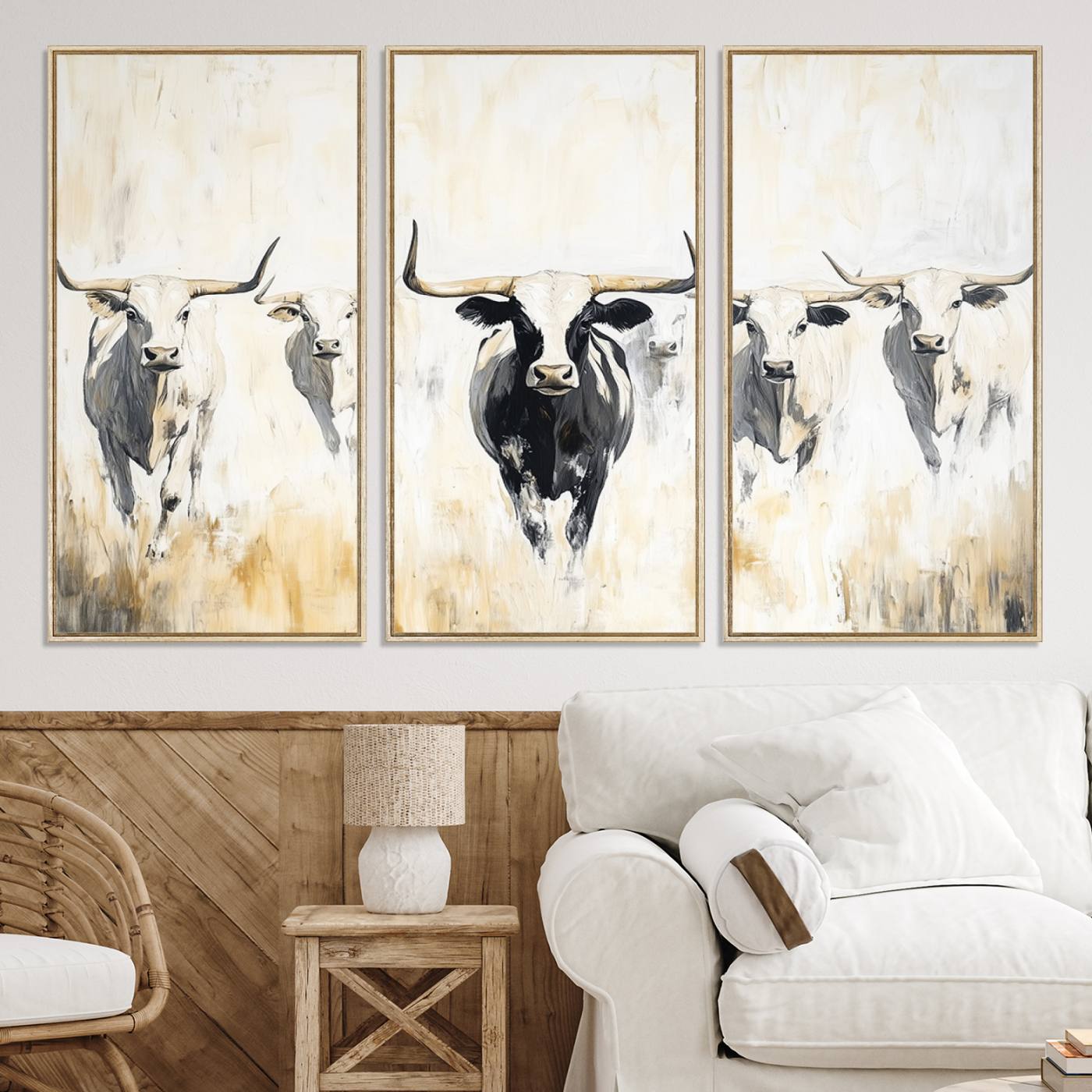 40397799-MGV-CV-36X24-Texas Longhorn Canvas Print, Framed Rustic Herd Art Picture Print, Western Bull Perfect Neutral Western Decor