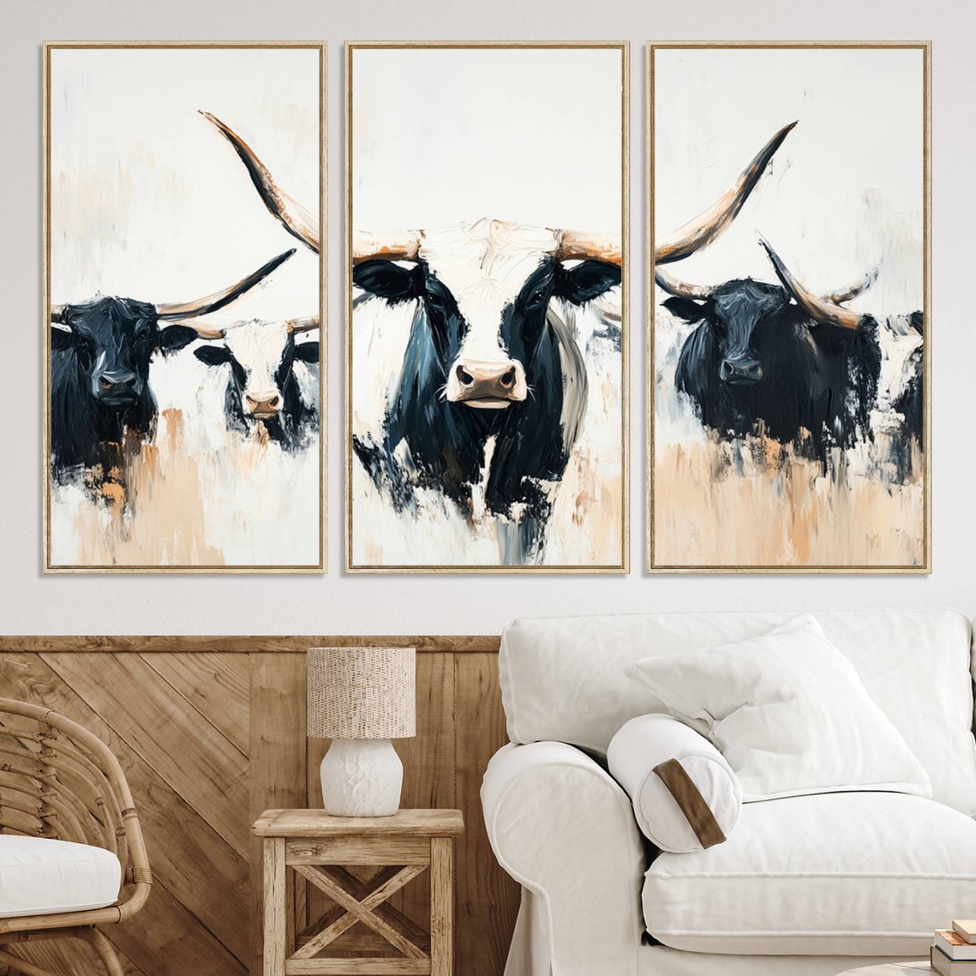 94780606-MGV-CV-36X24-Texas Longhorn Wall Art Canvas Print, Framed Western Cattle Art Picture Print, Horned Bull Perfect Rustic Western Decor, Western Cattle