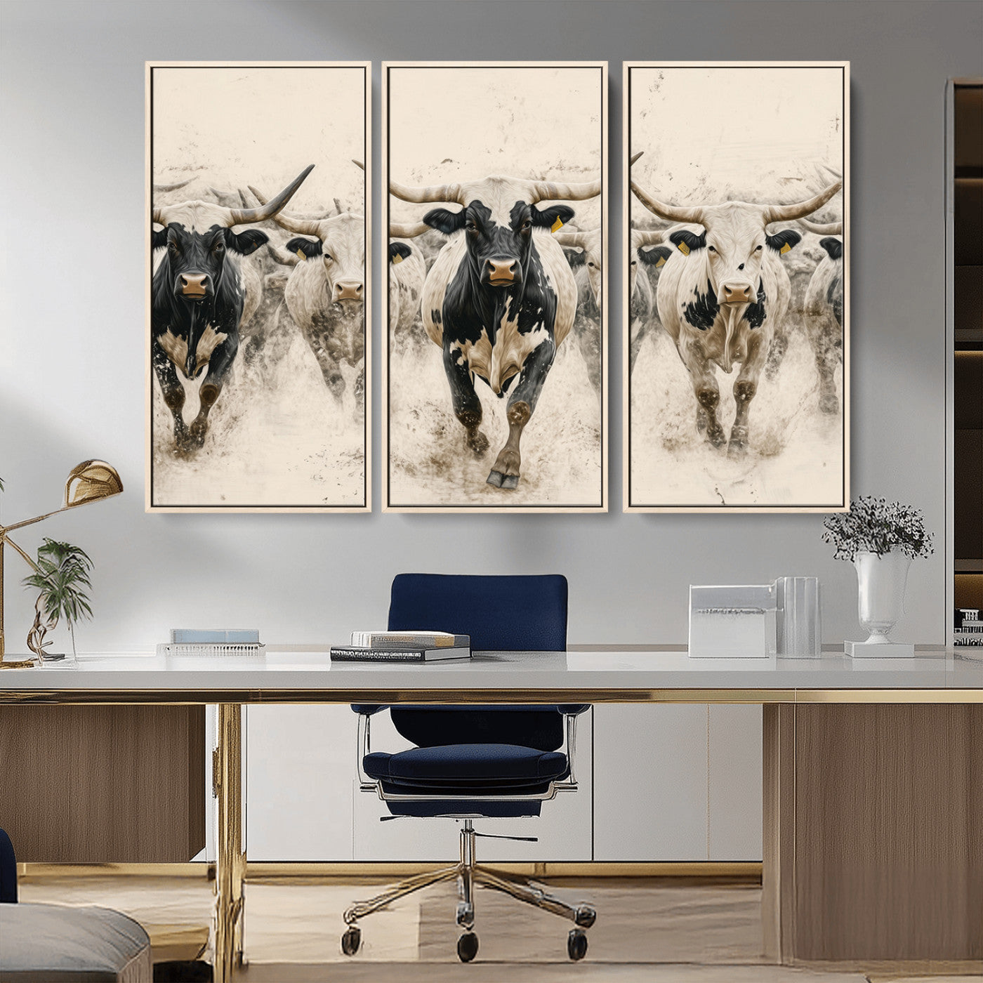 Canvas artwork of Texas Longhorn bulls walking in a dusty herd, ideal for rustic Western or country-style interior decor.