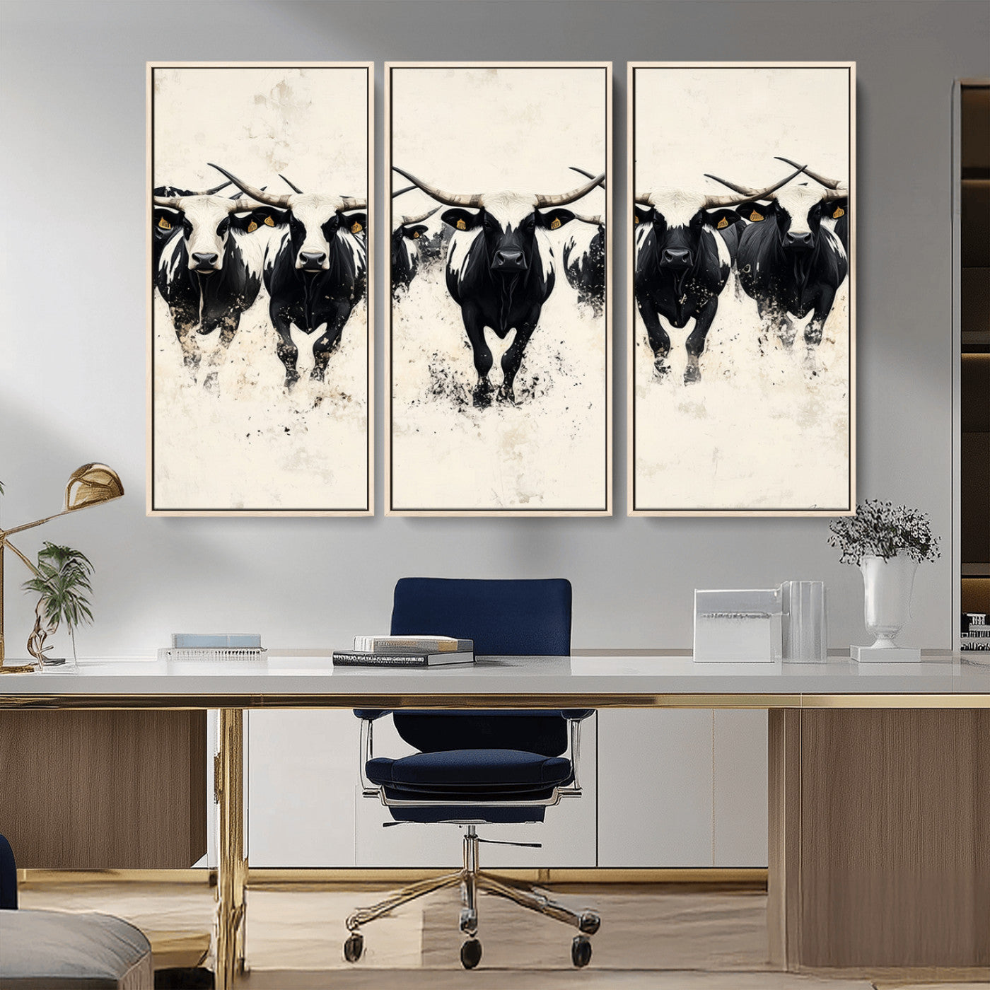 Canvas artwork of black and white Texas longhorns in a bold stampede over a minimalist background, ideal for rustic modern or Western-themed decor.