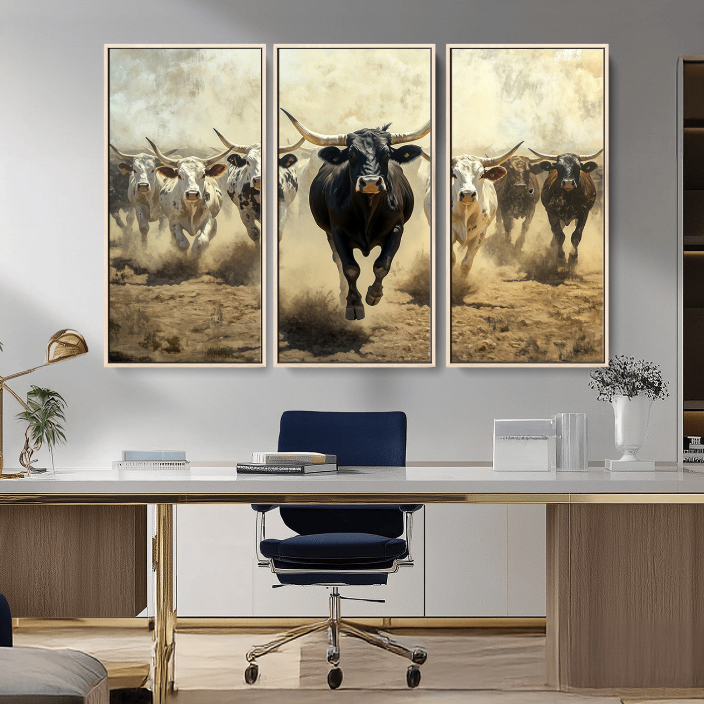 Dynamic canvas showing a Texas Longhorn stampede with earthy tones and bold movement, perfect for rustic or Western-style interiors.