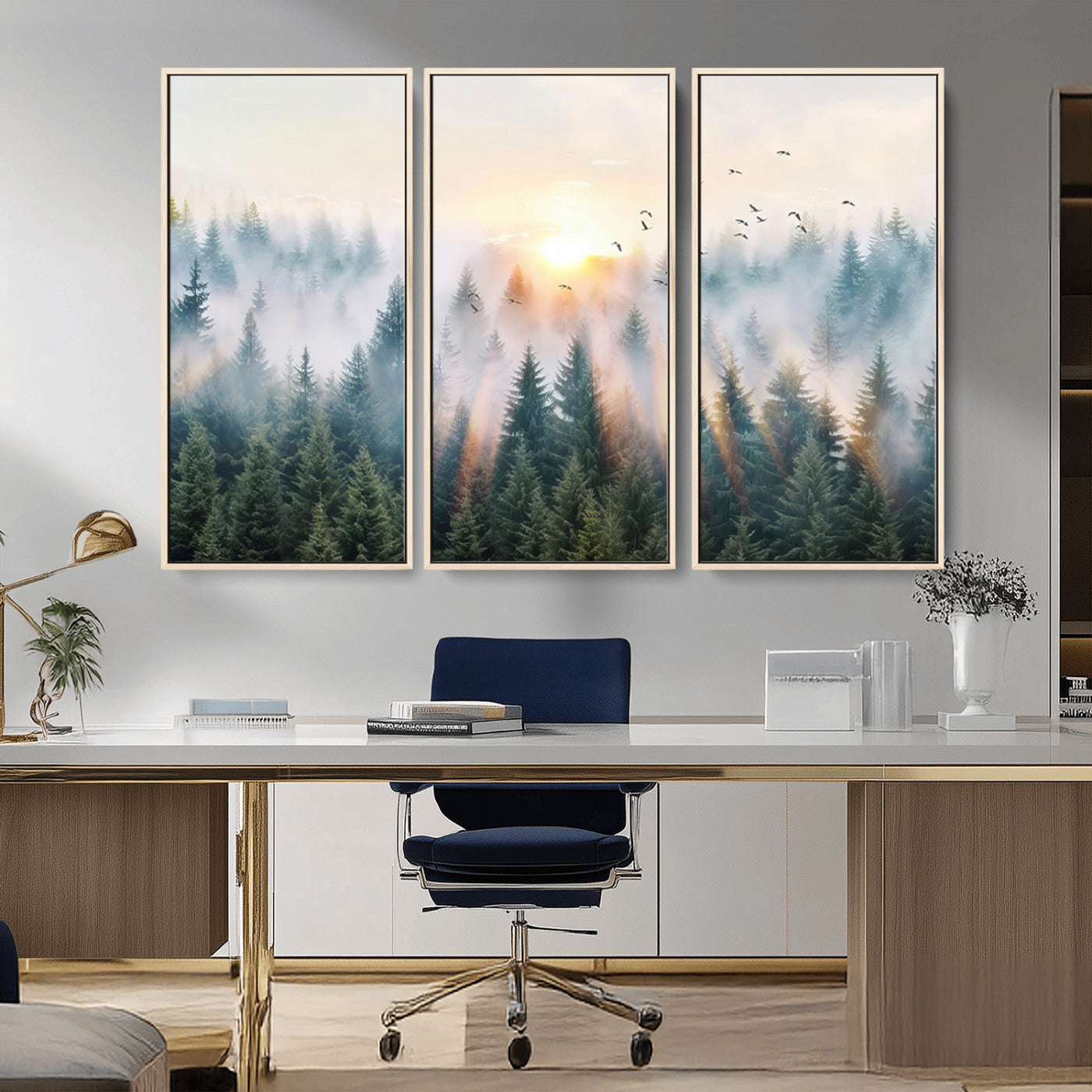 MGV-FC-48X32-3P - Misty Pine Forest Wall Art Canvas, Sunrise Over Foggy Trees Canvas for Home - Office, Framed