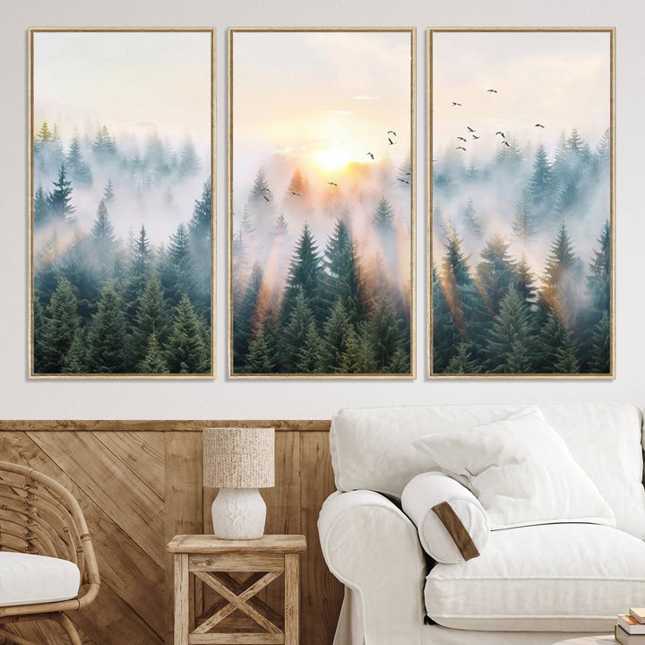 Misty Pine Forest Wall Art: A depiction of sunrise over foggy trees and birds against a bright sky; a framed woodland scene ideal for home or office decor.