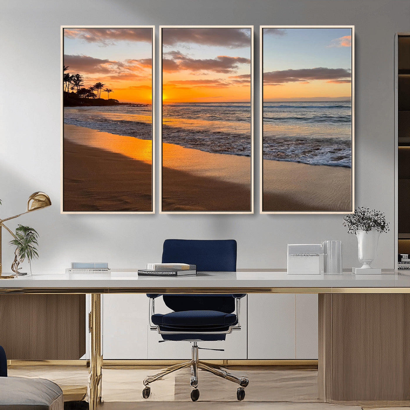 Canvas of a tropical beach at sunset with golden reflections and palm trees, perfect for vibrant coastal or island-style decor.
