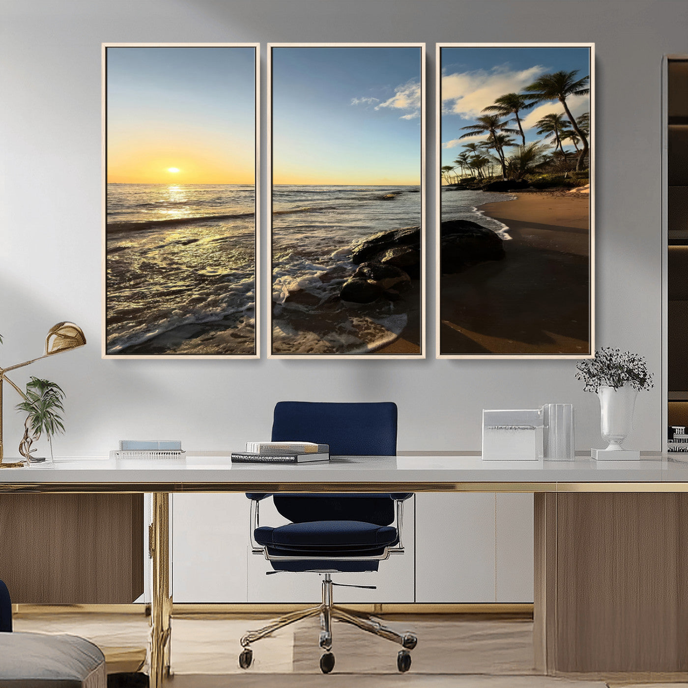 Canvas of a golden sunset on a tropical beach with palm trees and calm waves, perfect for coastal or island-themed home decor.