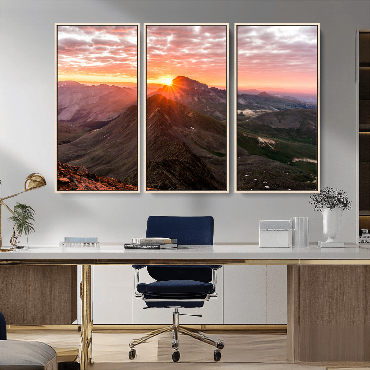 Canvas showing a mountain ridge at sunrise with golden light and dramatic clouds, perfect for nature or rustic-inspired wall decor.