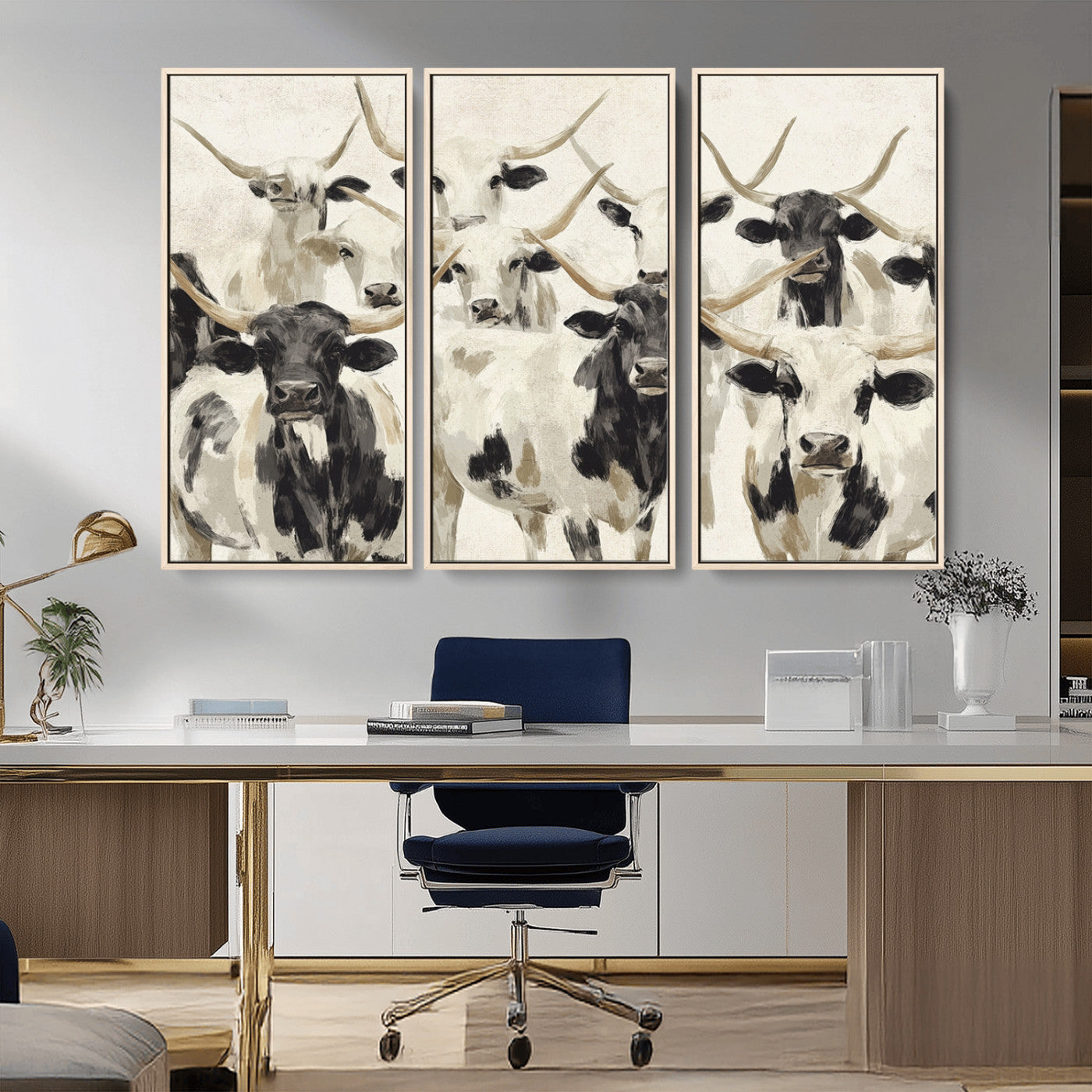 MGV-FC-48X32-3P - Longhorn Texas Cow Drawing Abstract Wall Art Canvas Print for Farmhouse Decor, Texas Bull Printing