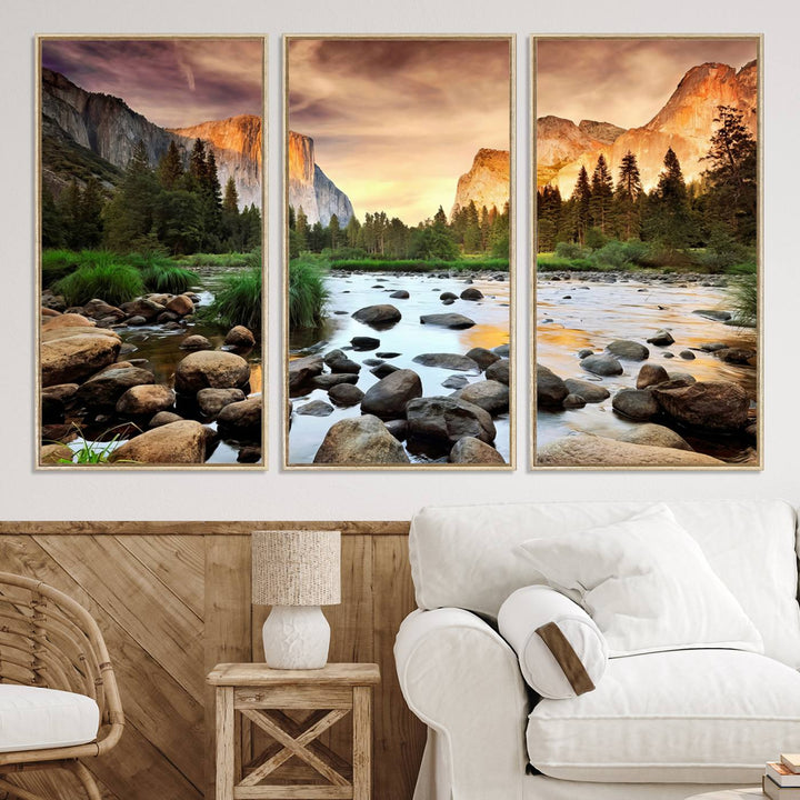 A tranquil riverside sunset mirrors the beauty of a Yosemite wall art masterpiece like the Large El Capitan Print.