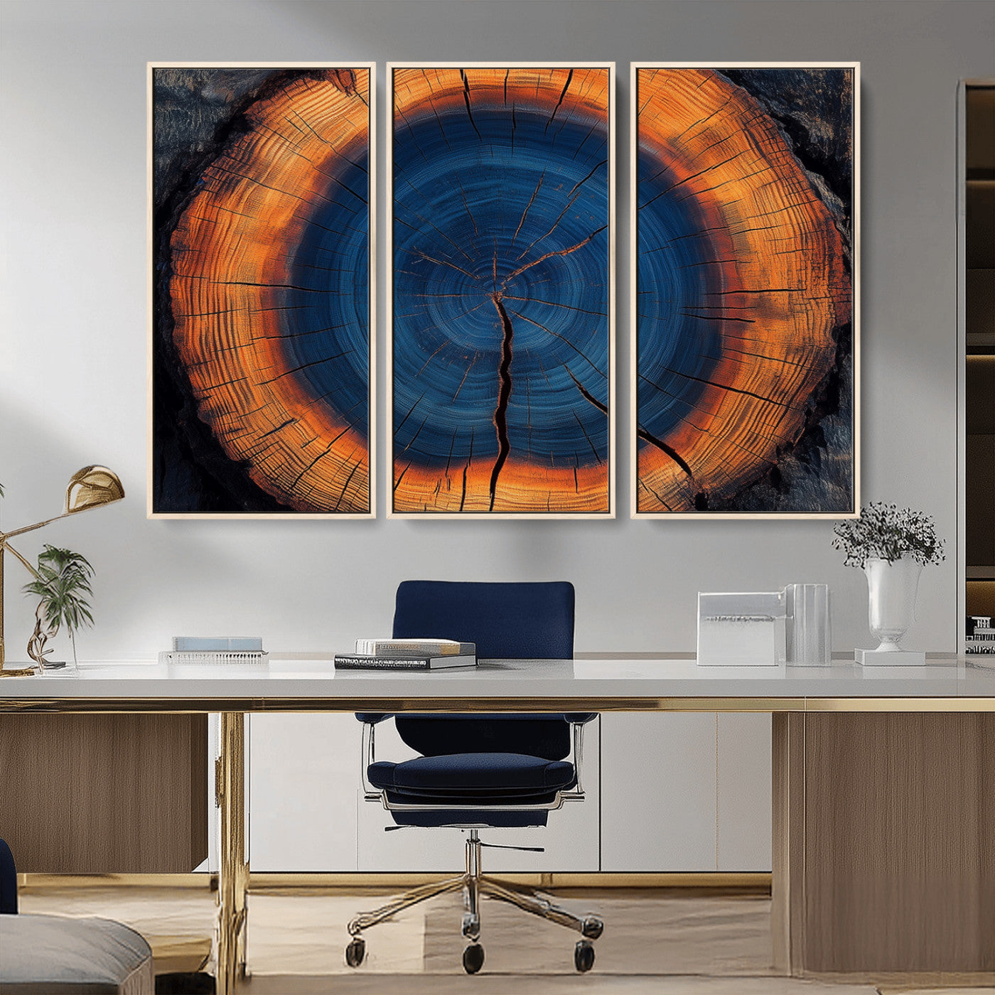 MGV-FC-48X32-3P - Abstract Tree Ring Wall Art Print, Natural Rustic Wood Texture Canvas Print, Framed Tree Ring Printing, Wood Tree Stump Artwork Canvas Print