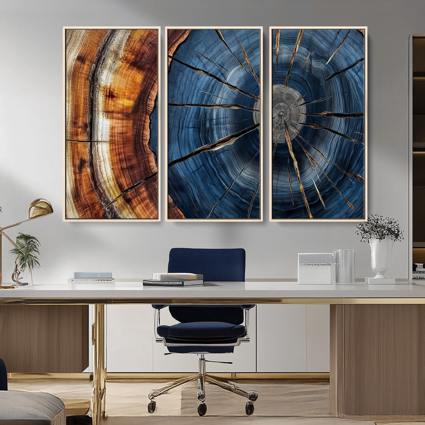 MGV-FC-48X32-3P - Framed Abstract Tree Ring Wall Art Print, Natural Rustic Wood Texture Canvas Print, Wood Tree Stump