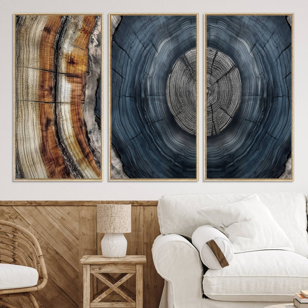 Close-up of the Abstract Tree Rings Wall Art Print featuring shades of blue, brown, and gray.