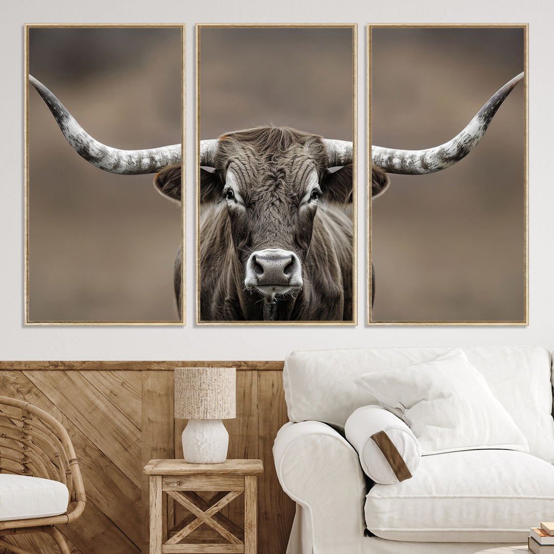 The Framed Texas Longhorn Bull Art Canvas Print adds timeless elegance to the serene setting.