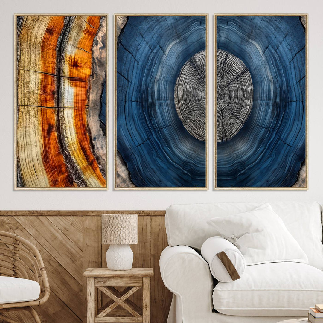 Vibrant Abstract Tree Rings in Orange, Brown, and Blue - Canvas Print for Nature Woodland Wall Decor.