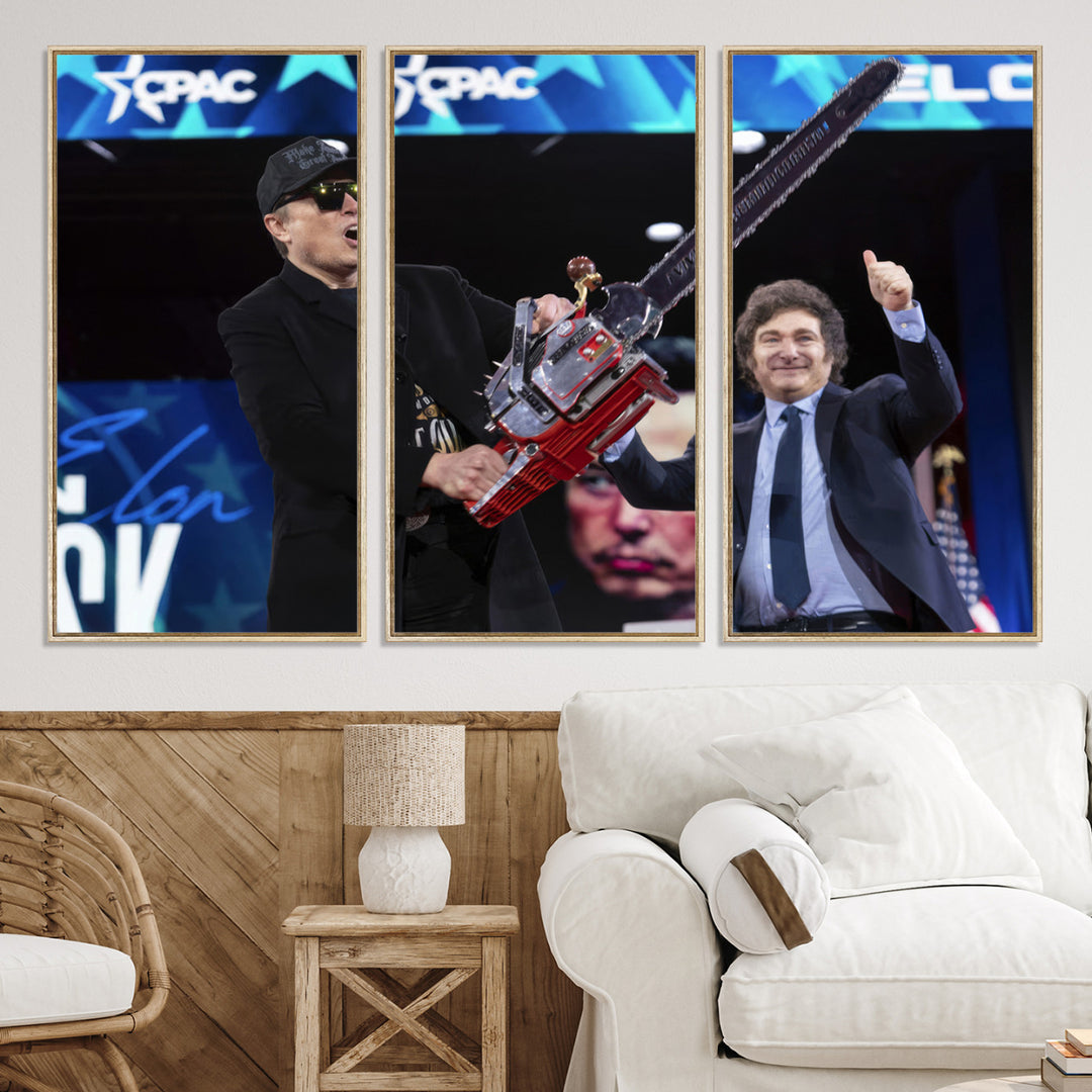 The wall art in the living room is an Elon Musk Chainsaw Art Print, depicting two men with chainsaws on stage in front of a vibrant crowd.