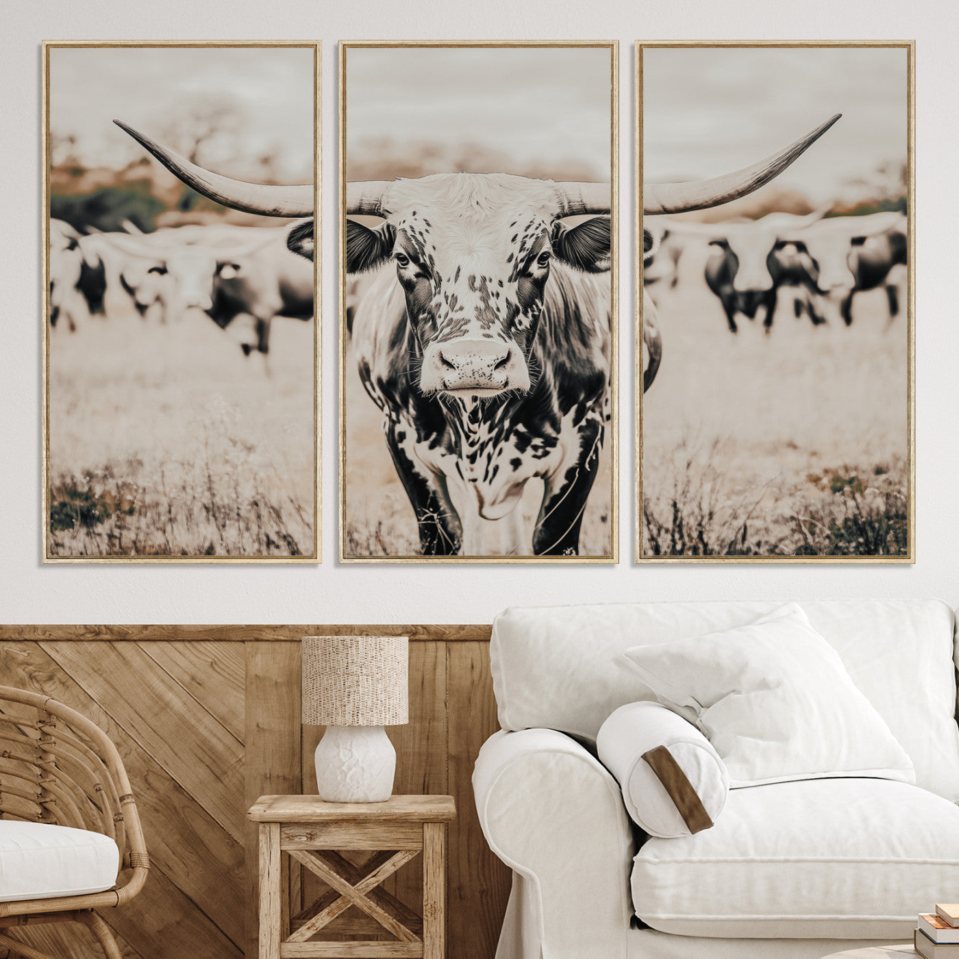 27497342-MGV-CV-36X24-Texas Longhorn Wall Art Canvas Print, Framed Speckled Cow Art Picture Print, Horned Cattle Perfect Rustic Western Decor Artwork