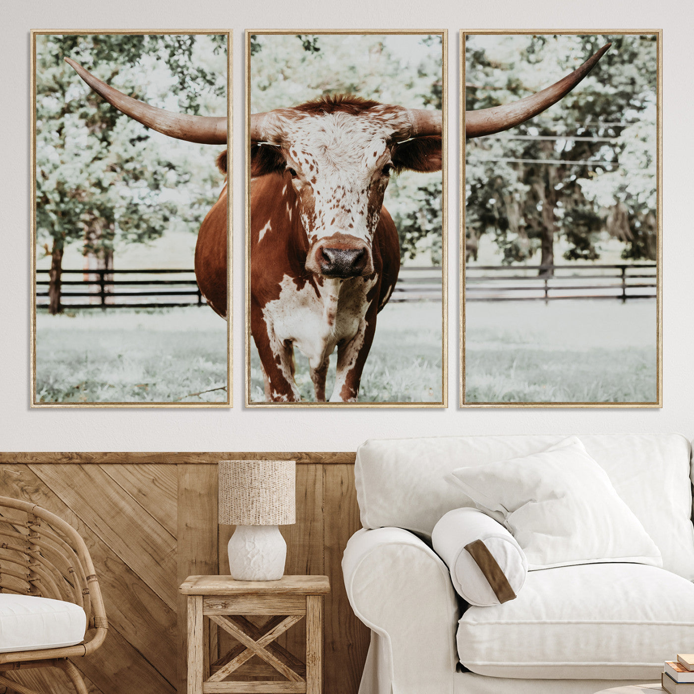54757537-MGV-CV-36X24-Texas Longhorn Wall Art Canvas Print, Framed Spotted Cow Art Picture Print, Horned Cattle Perfect Rustic Western Decor Artwork
