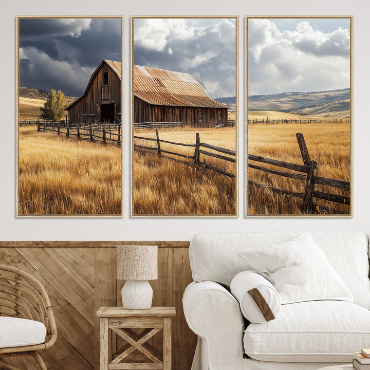 Canvas of a weathered wooden barn in a golden field under a dramatic sky, perfect for rustic or farmhouse-style wall decor.