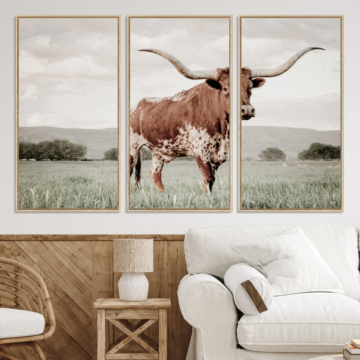 Texas Longhorn Wall Art Canvas Print, Framed Spotted Cattle Art Picture Print, Horned Bull Perfect Rustic Western Decor Artwork
