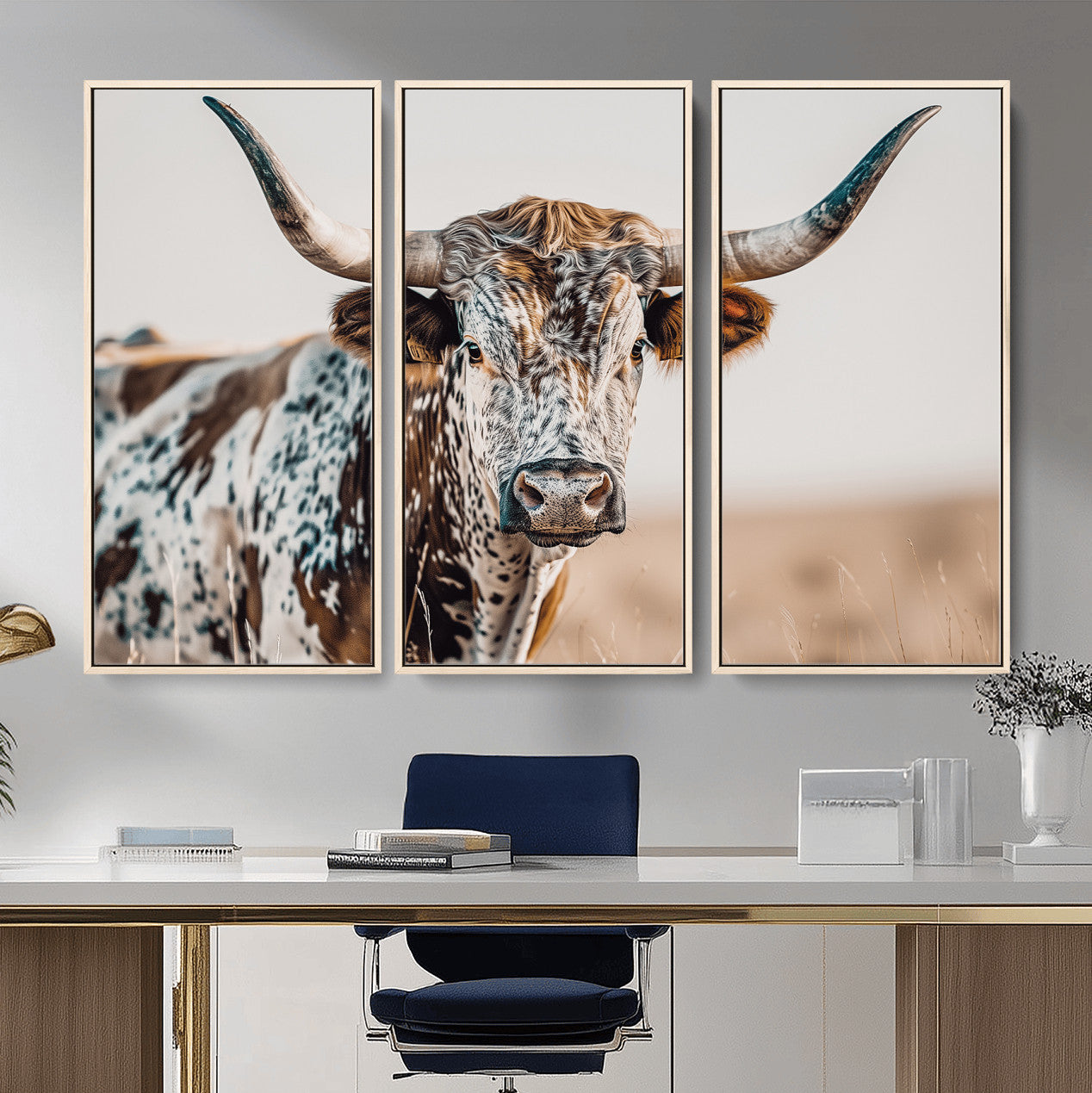 70414966-MGV-CV-36X24-Texas Longhorn Wall Art – Framed Speckled Cow Canvas Artwork, Horned Bull Design, Western Ranch Decor for Home, Office