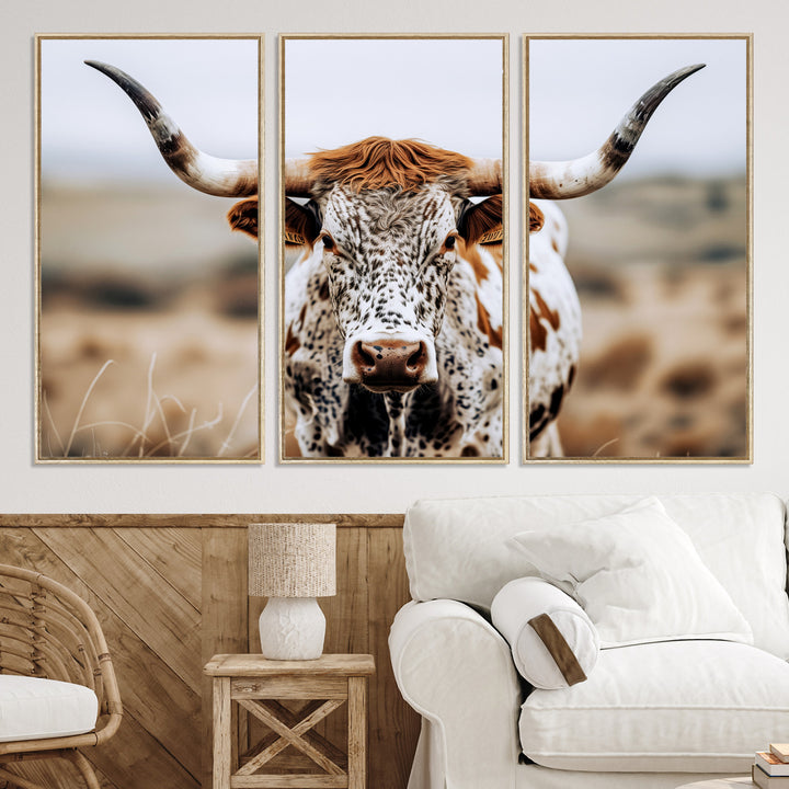 Texas Longhorn Wall Art Canvas Print, Framed Spotted Cow Art Picture Print, Horned Cattle Perfect Rustic Western Decor Artwork