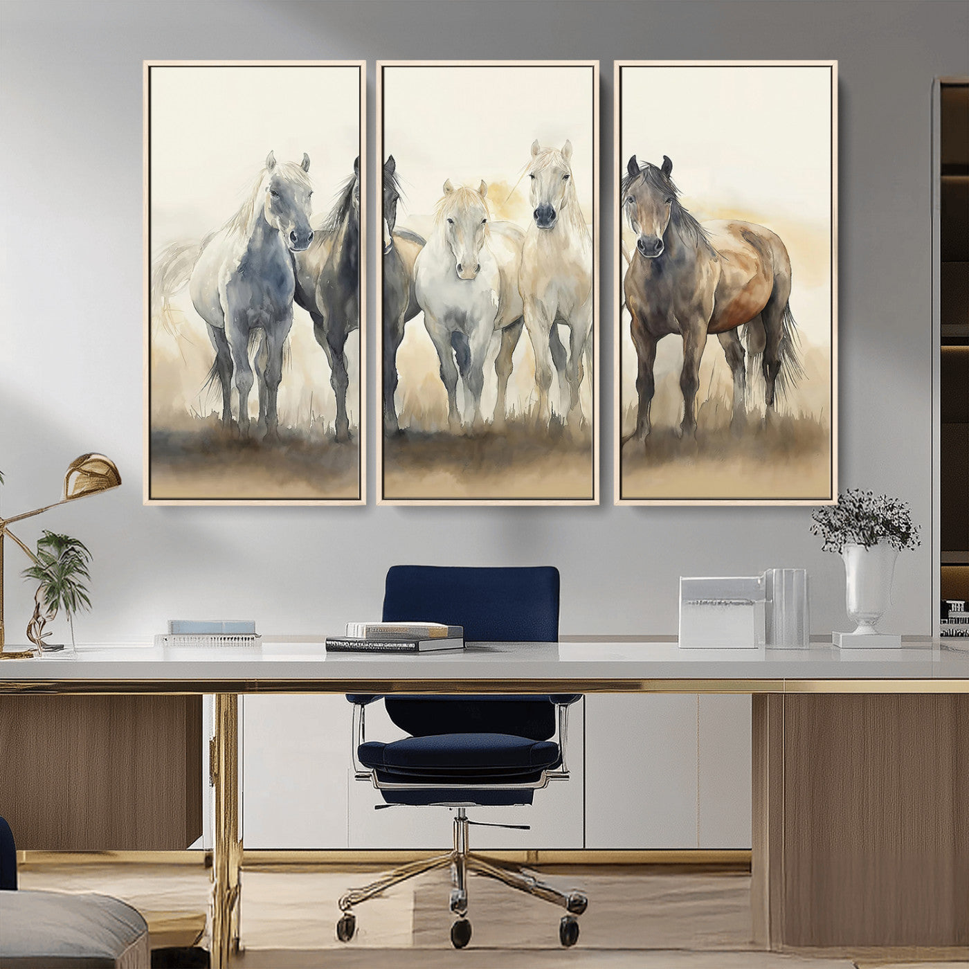 Watercolor illustration of five wild horses in soft neutral tones, perfect for rustic or western-style home decor with a calming natural vibe.