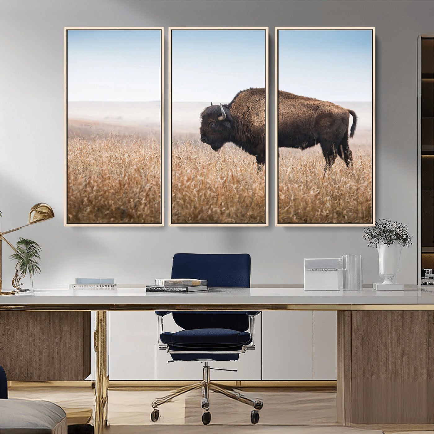 A solitary American bison stands in a dry grassland under soft skies, ideal for rustic or western-style home decor in warm neutral tones.