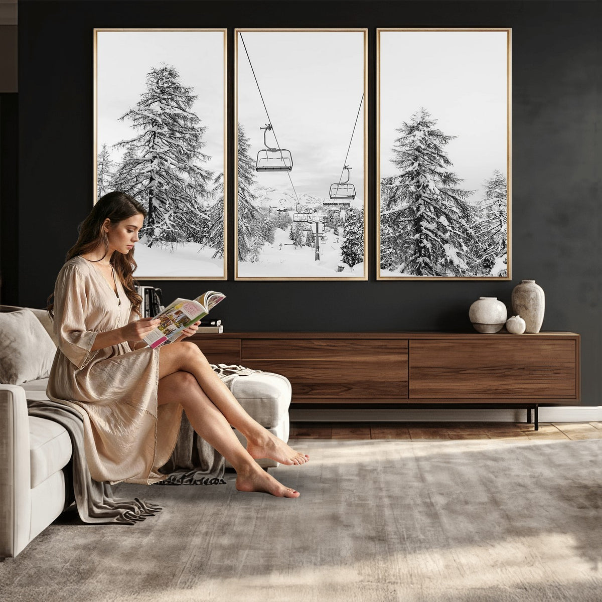 55003599D-MGV-CV-24X16 - Ski Lift Wall Art | Framed Snowy Mountain Canvas Artwork