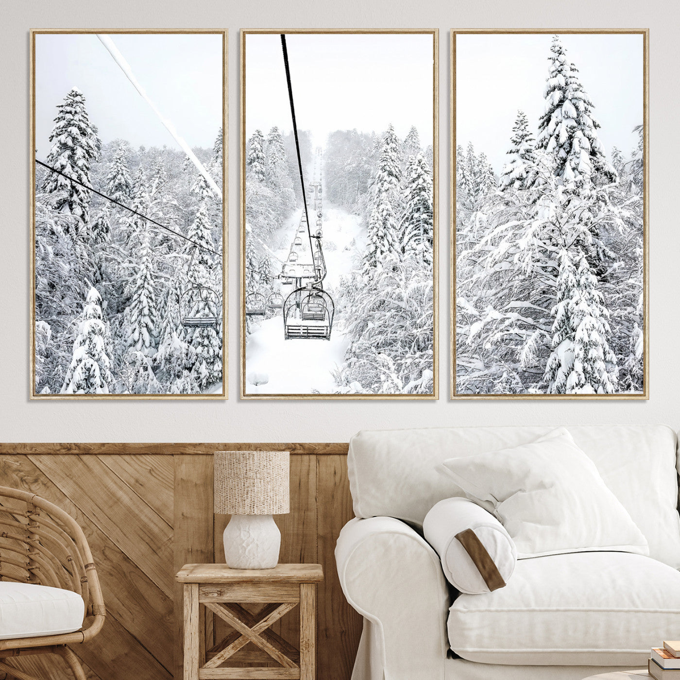 60296839-MGV-CV-36X24-Snowy Mountains Wall Art Canvas Print, Framed Ski Lift Art Picture Print, Winter Forest Perfect Winter Minimalist Decor, Ski Lift Canvas