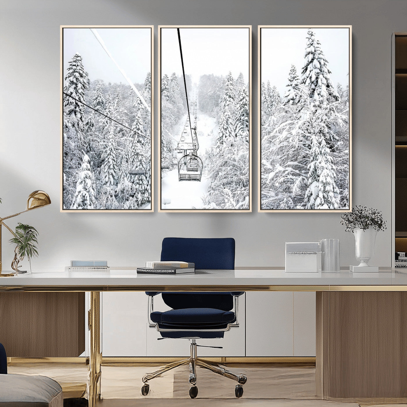 MGV-FC-48X32-3P - Snowy Mountains Wall Art Canvas Print, Framed Ski Lift Art Picture Print, Winter Forest Perfect