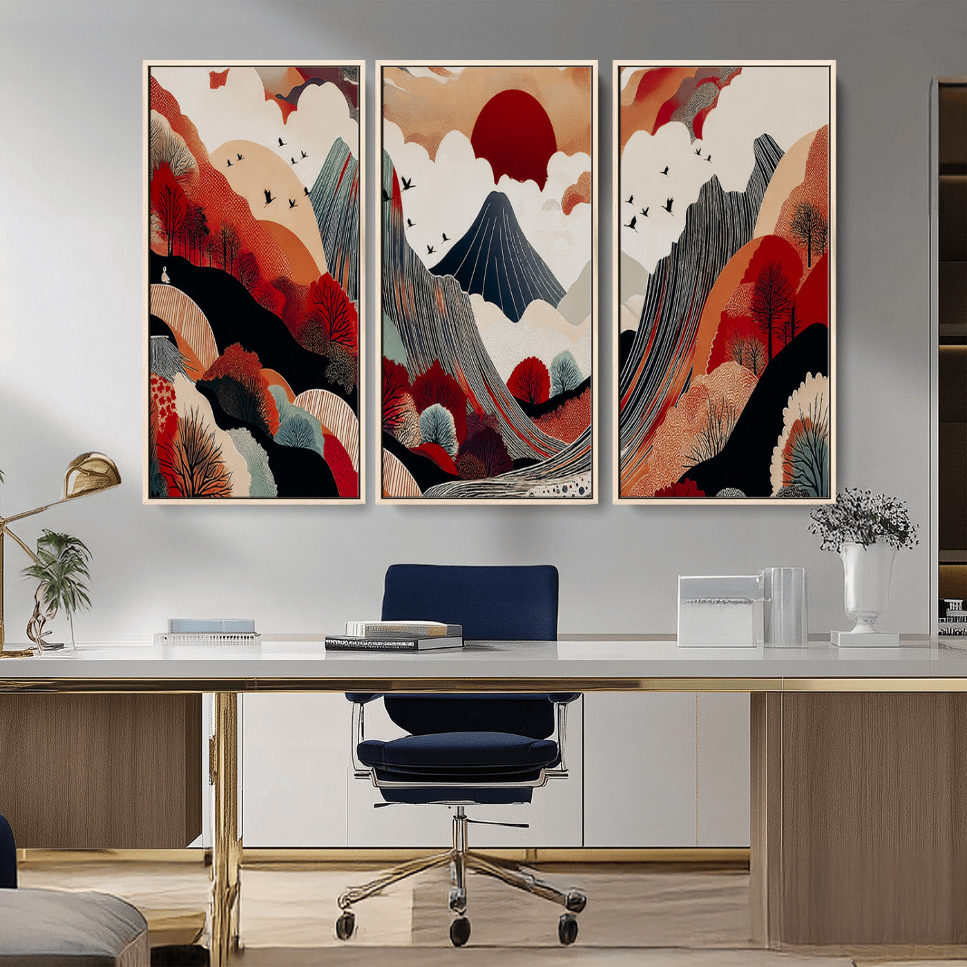 Abstract nature illustration with a red sun, mountains, and vibrant landscapes in graphic style, perfect for contemporary minimalist home decor. Ideal for modern spaces.