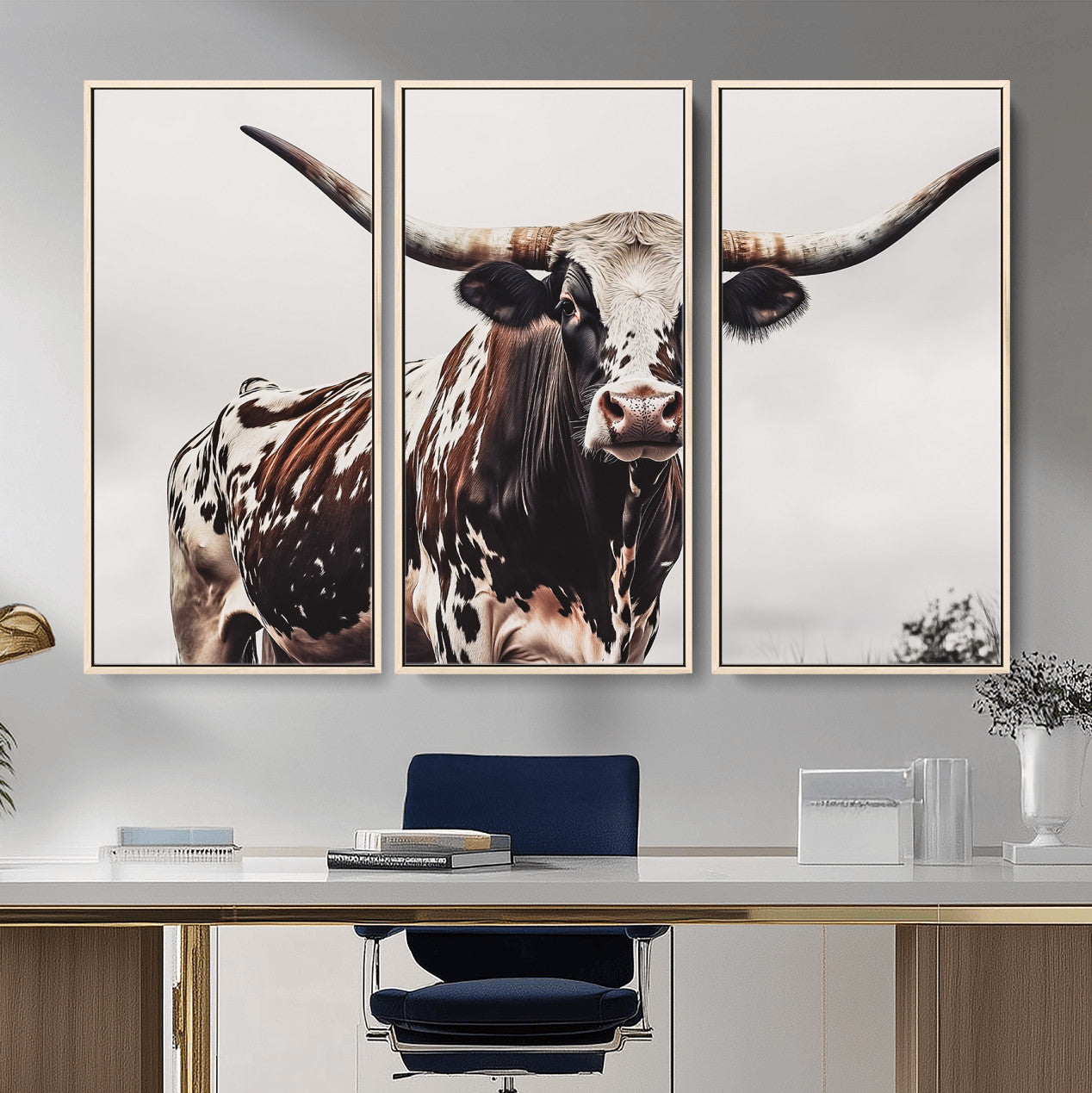 95249234-MGV-CV-36X24-Texas Longhorn Wall Art Canvas Print – Framed Spotted Bull Scene with Horned Cattle Artwork for Home, Office