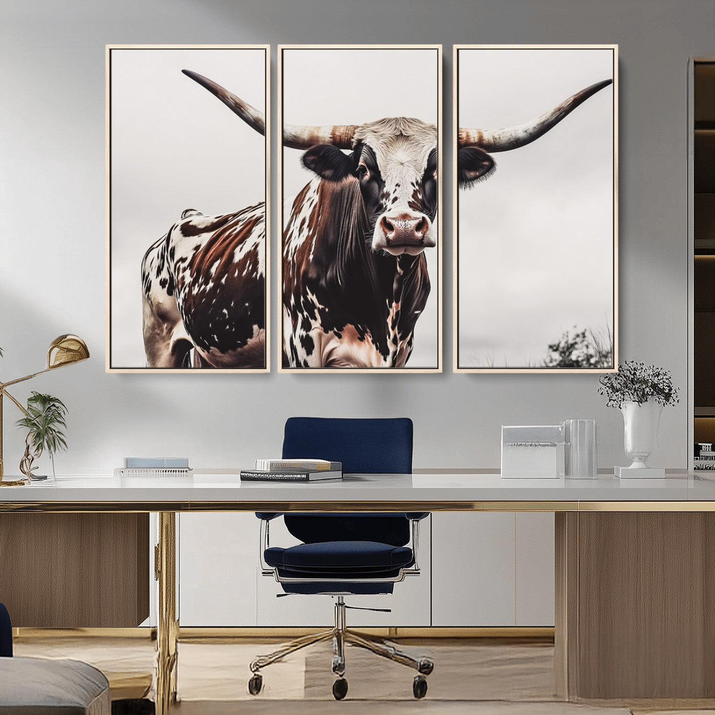 Close-up of a Texas Longhorn bull with powerful horns, perfect for rustic farmhouse or country-themed home decor. Ideal for animal lovers.