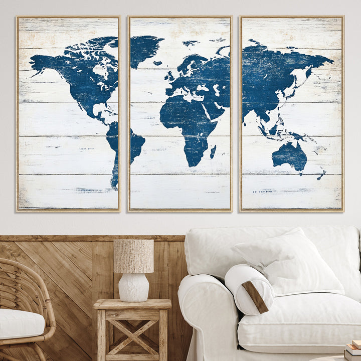 Rustic world map with blue continents on distressed wooden planks, perfect for coastal, explorer, or vintage-style wall decor.