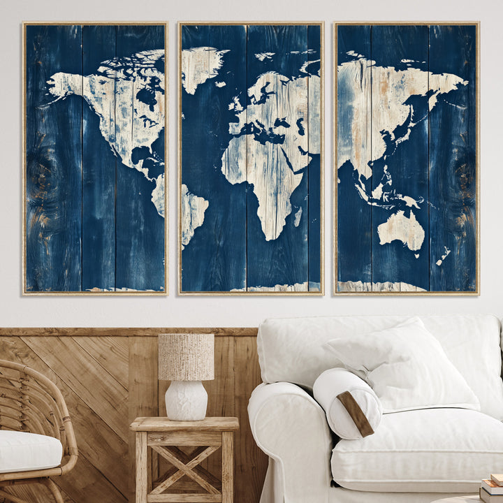 World Map Wall Art Canvas Print, Rustic Map Print, Framed Wooden World Map Art Print, Large Antique Map Decor Printing Perfect for Vintage Decor
