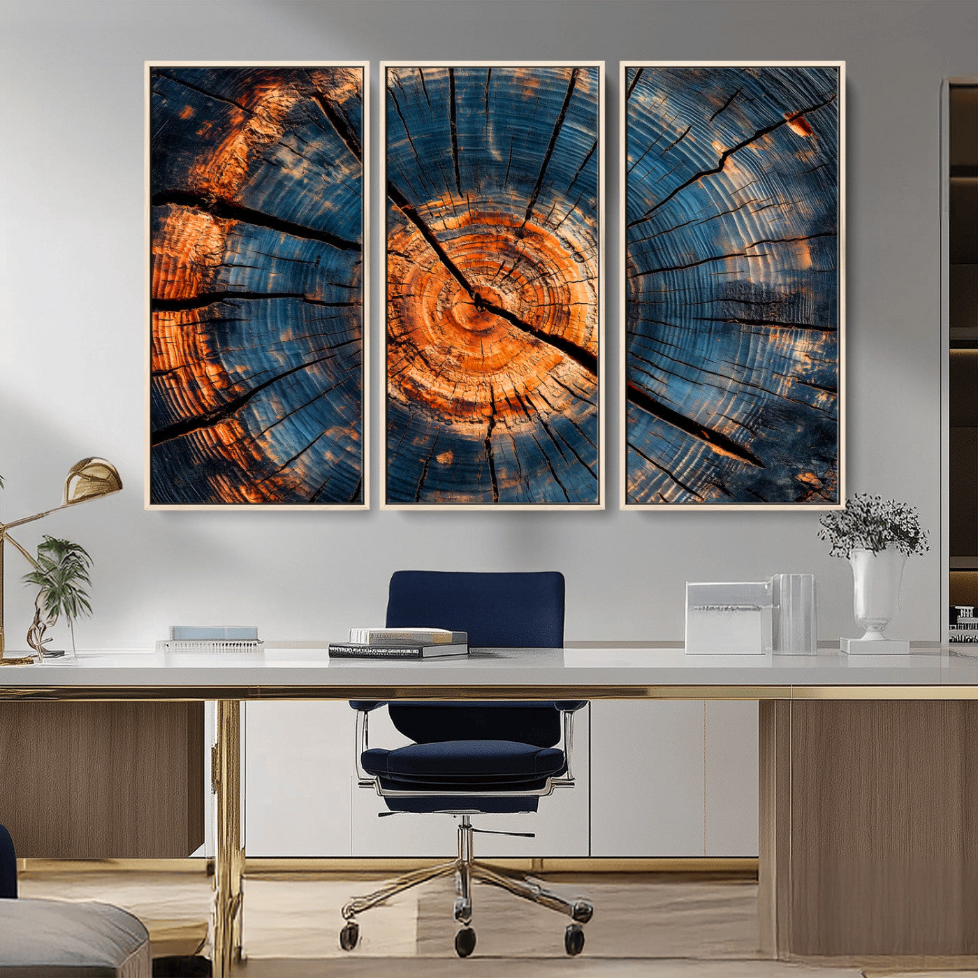 MGV-FC-48X32-3P - Burnt Wood Wall Art Canvas Print, Framed Aged Timber Art Picture Print, Rustic Tree Slice Perfect Rustic Decor Artwork