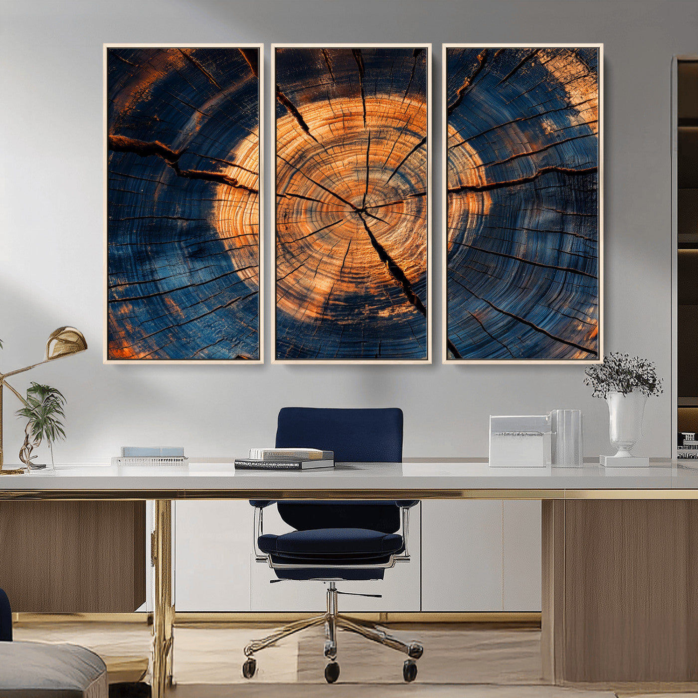 MGV-FC-48X32-3P - Burnt Wood Wall Art Canvas Print, Framed Aged Timber Art Picture Print, Rustic Tree Slice Perfect Rustic Decor Artwork