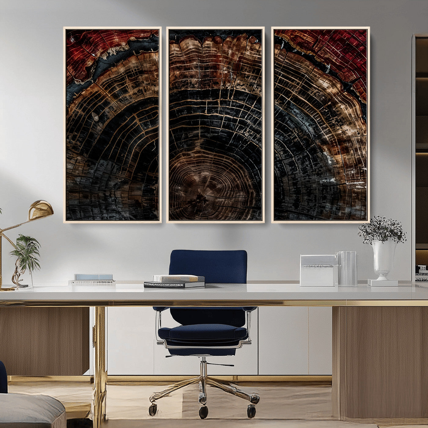 MGV-FC-48X32-3P - Dark Wood Ring Wall Art Canvas Print, Framed Abstract Wood Tree Art Picture Print, Rustic Tree Slice Perfect Rustic Decor Artwork