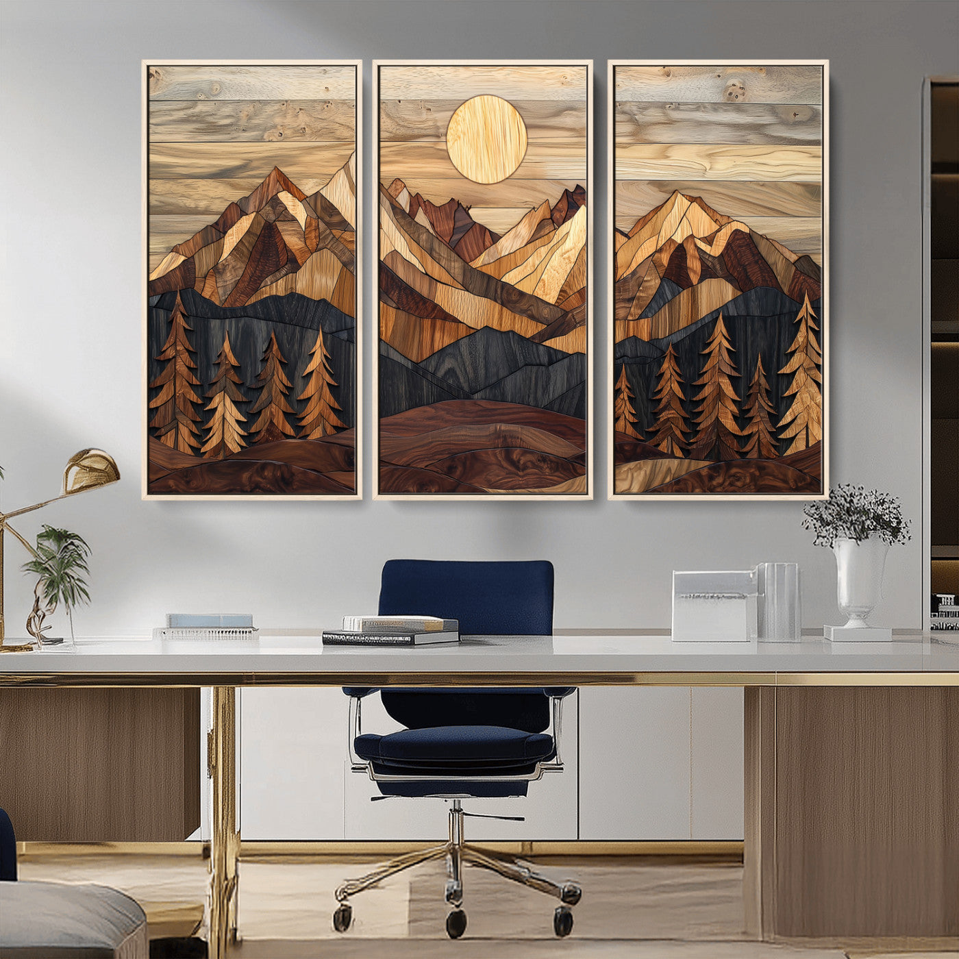 MGV-FC-48X32-3P - Wood Mountain Landscape Wall Art Canvas Print, Framed Sunset Hills Art Picture Print, Abstract Nature Perfect Boho Decor Artwork
