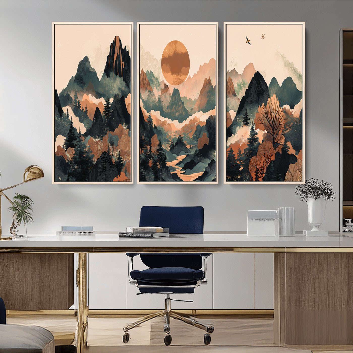 MGV-FC-48X32-3P - Wood Mountain Landscape Wall Art Canvas Print, Framed Sunset Hills Art Picture Print, Abstract Nature Perfect Boho Decor Artwork