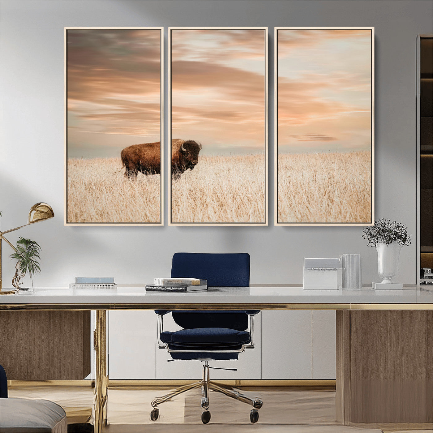 MGV-FC-48X32-3P - Bison Wall Art Canvas Print, Framed Buffalo Art Picture Print, Western Prairie Perfect Rustic Decor Artwork