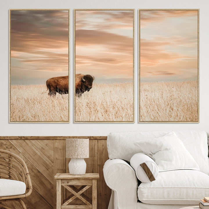 Bison Wall Art Canvas Print, Buffalo Print, Framed Western Prairie Art Print, Large Rustic Wildlife Printing Perfect for Rustic Decor