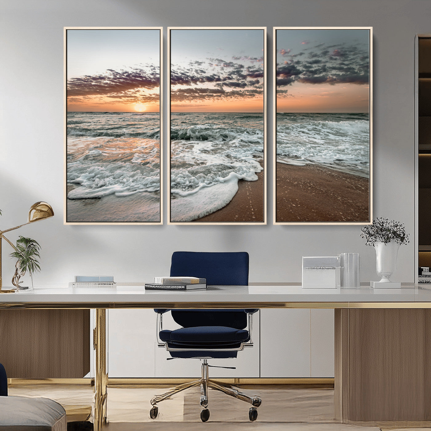 MGV-FC-48X32-3P - Ocean Sunset Wall Art Canvas Print, Framed Beach Waves Art Picture Print, Coastal Scene Perfect Coastal Decor Artwork