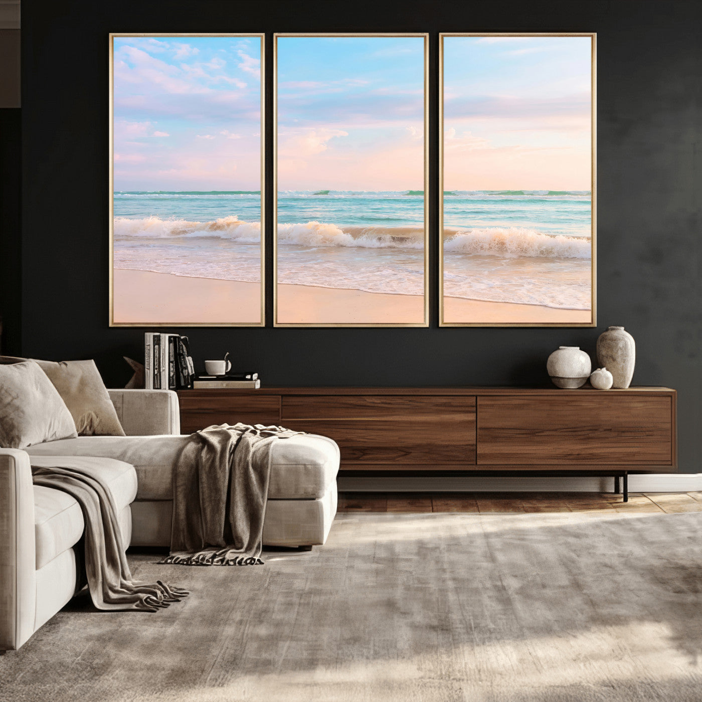 74679437-MGV-CV-36X24 - Serene Waves Wall Art – Golden Shore & Soft Pastel Sky Canvas Print, Gentle Ocean and Peaceful Sunset for Living Room or Office
